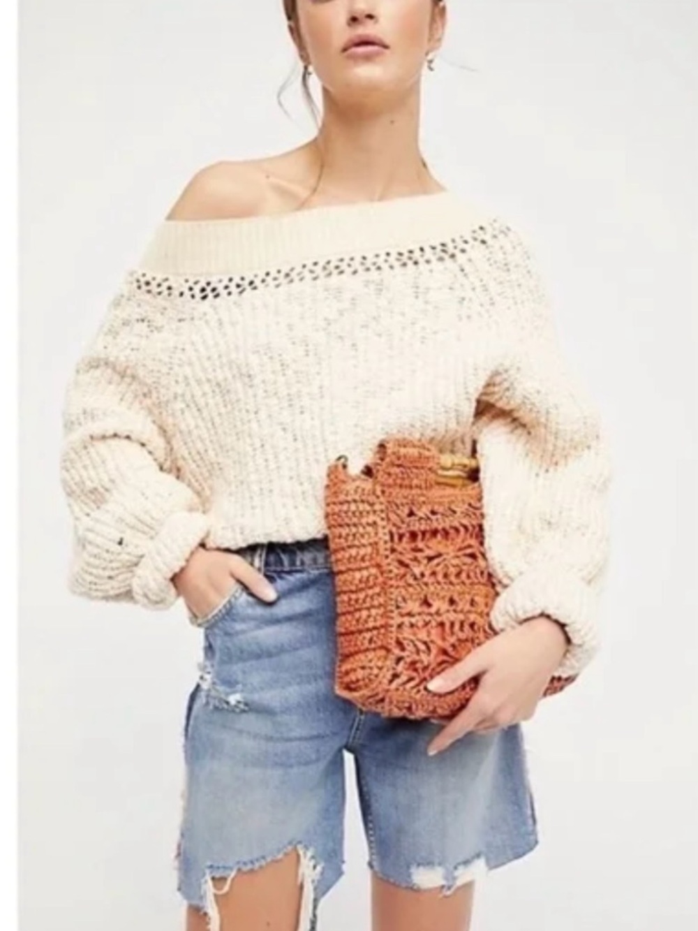 Free People - pandora - Cream Off-the-Shoulder Chunky Knit Sweater